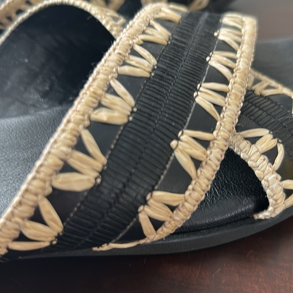 Lottini Made in Italy Leather Black Beige CrissCross Rafia Trim Leather Sandals - Picture 4 of 17